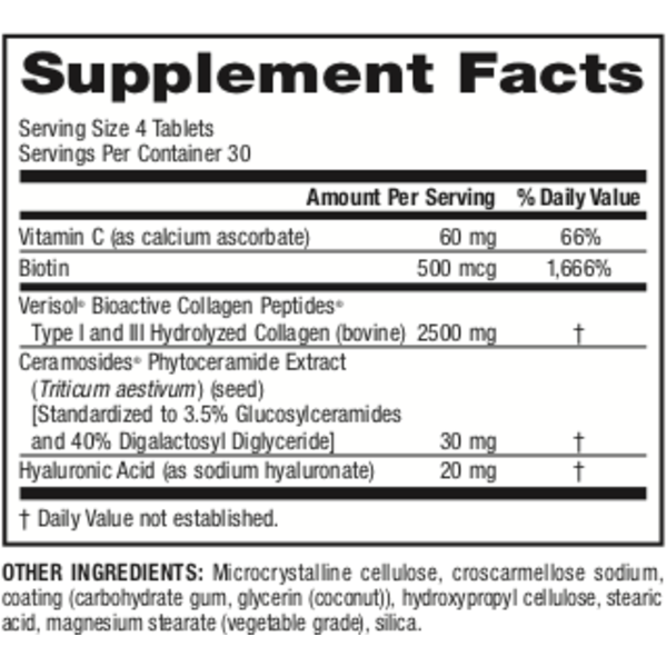 Collagen30® with Ceramides Bioactive Collagen Peptides 120 Tablets, image-supplement-facts