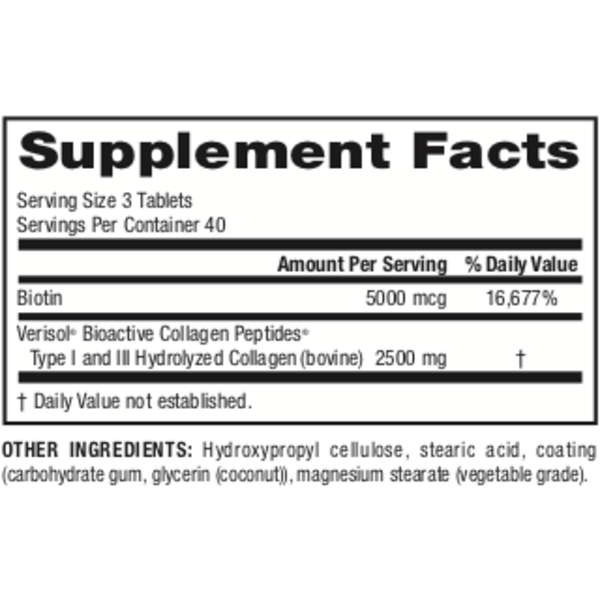 Collagen30® with Biotin Bioactive Collagen Peptides 120 Tablets, image-supplement-facts