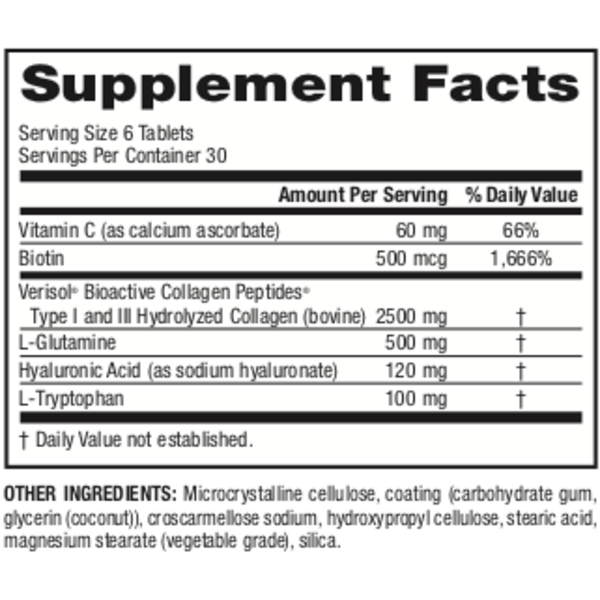 Collagen30® with Hyaluronic Acid Bioactive Collagen Peptides 180 Tablets, image-supplement-facts