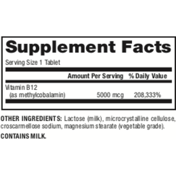 Extra Strength B12 Methylcobalamin  5000 mcg  60 Fast-melting Tablets, image-supplement-facts