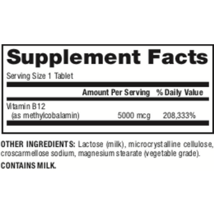 Extra Strength B12 Methylcobalamin  5000 mcg  60 Fast-melting Tablets, image-supplement-facts