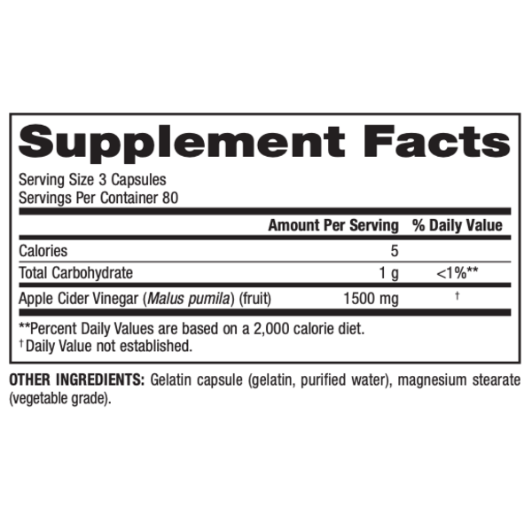 Apple Cider Vinegar  1500 mg  240 Capsules, image-supplement-facts