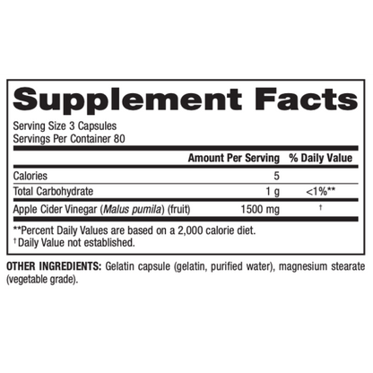 Apple Cider Vinegar  1500 mg  240 Capsules, image-supplement-facts