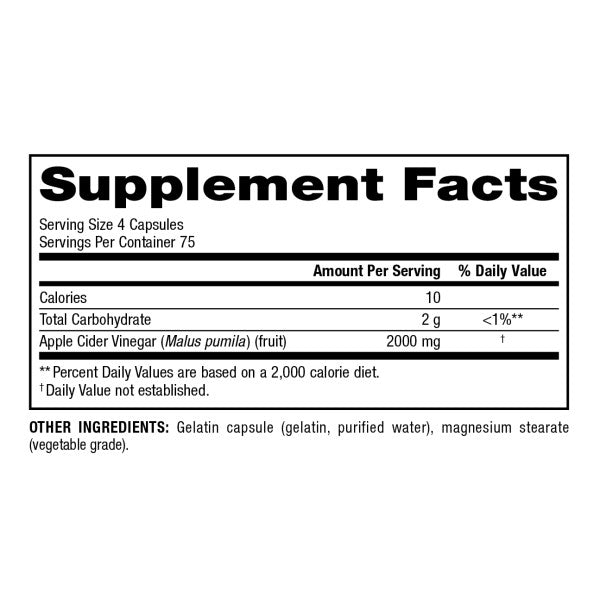 Apple Cider Vinegar  2000 mg  300 Capsules, image-supplement-facts