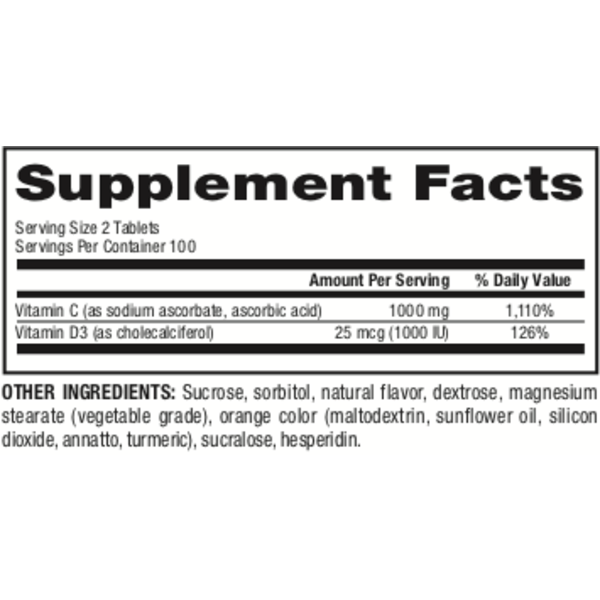 Chewable Vitamin C+D3  1000 mg / 25 mcg (1000 IU)  200 Chewable Tablets Natural Orange, image-supplement-facts