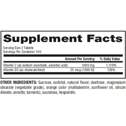 Chewable Vitamin C+D3  1000 mg / 25 mcg (1000 IU)  200 Chewable Tablets Natural Orange, image-supplement-facts