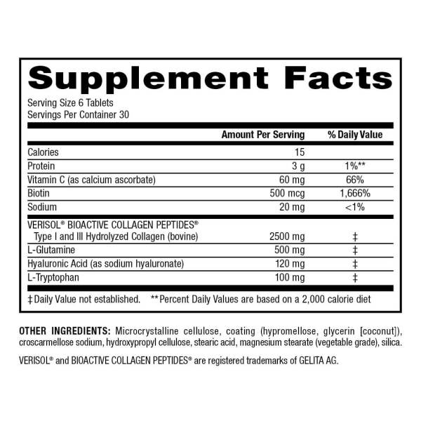 Collagen30® with Hyaluronic Acid BIOACTIVE COLLAGEN PEPTIDES®   180 Tablets, image-supplement-facts