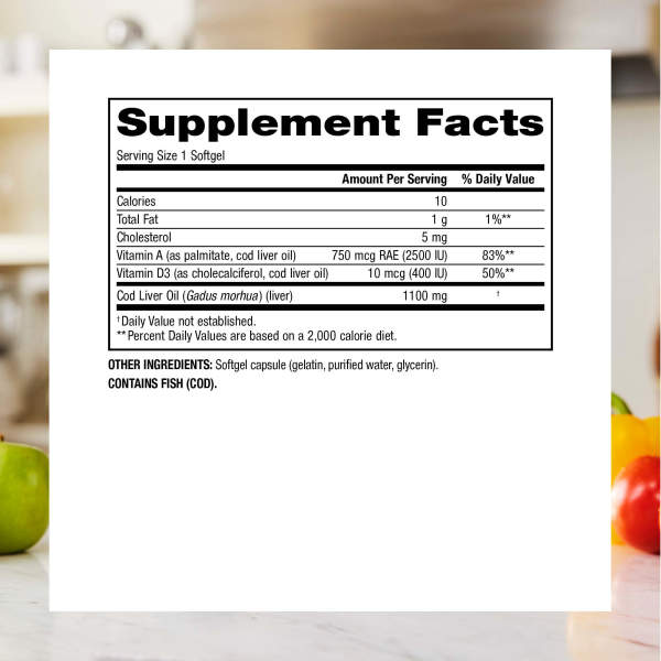 Super Cod Liver Oil with Vitamins A & D3  1100 mg  180 Softgels, image-supplement-facts