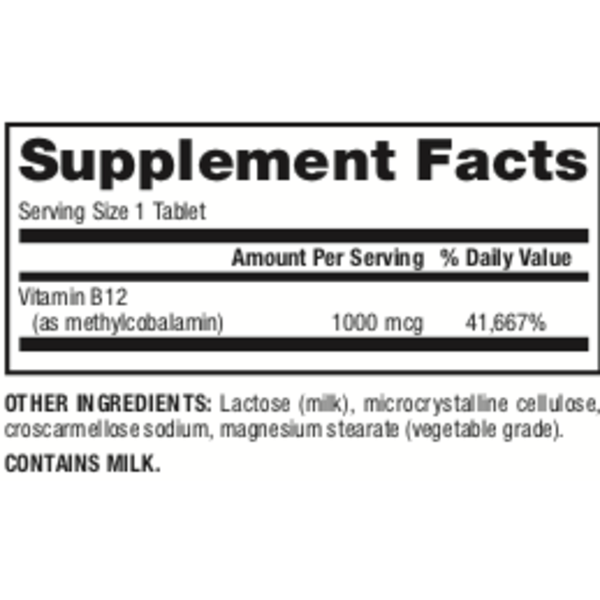 B12 Methylcobalamin  1000 mcg  150 Fast-melting Tablets, image-supplement-facts